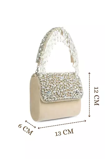 crystal cascade nude beige & silver stone embellished suede clutch