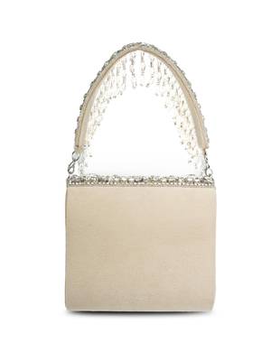 crystal cascade nude beige & silver stone embellished suede clutch 6