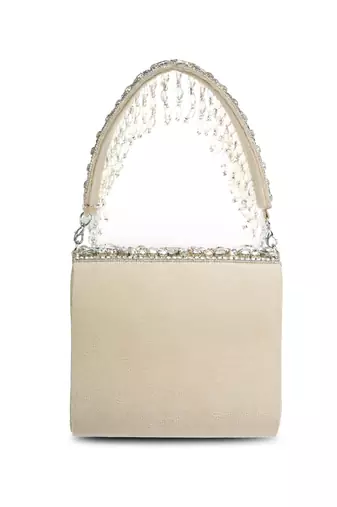 crystal cascade nude beige & silver stone embellished suede clutch