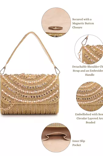 blush & bead antique gold faux silk arc beaded clutch