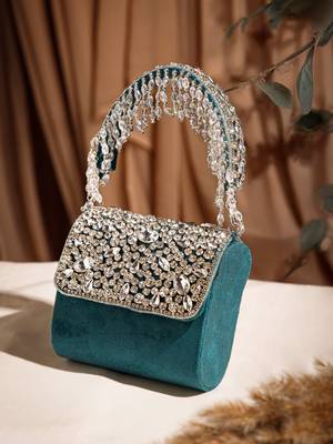 crystal cascade deep teal & silver stone embellished suede clutch 1