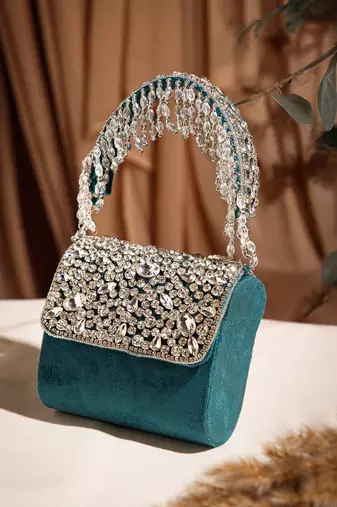 crystal cascade deep teal & silver stone embellished suede clutch