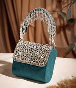 crystal cascade deep teal & silver stone embellished suede clutch