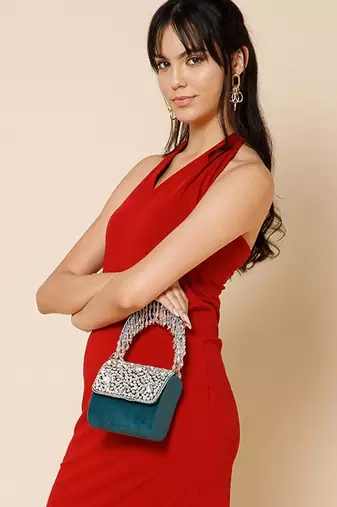 crystal cascade deep teal & silver stone embellished suede clutch