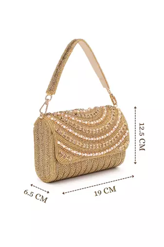 blush & bead antique gold faux silk arc beaded clutch