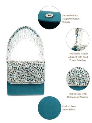 crystal cascade deep teal & silver stone embellished suede clutch 4