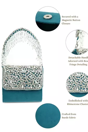 crystal cascade deep teal & silver stone embellished suede clutch