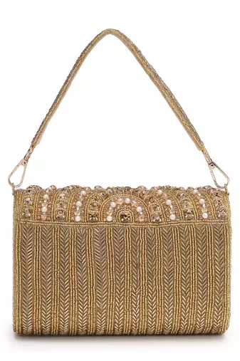 blush & bead antique gold faux silk arc beaded clutch