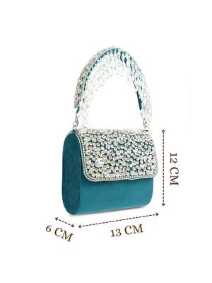 crystal cascade deep teal & silver stone embellished suede clutch 5