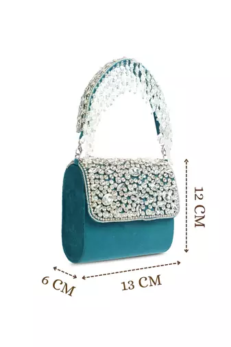 crystal cascade deep teal & silver stone embellished suede clutch