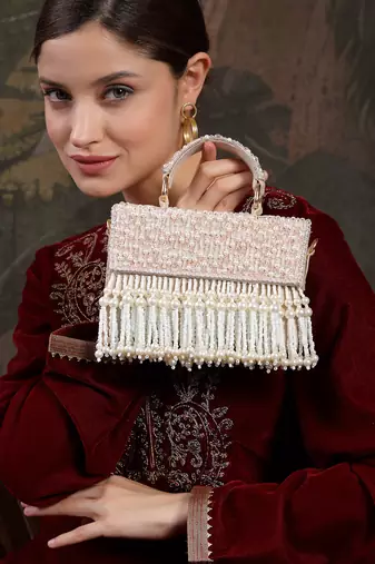 crystal cascade ivory, pearl white & blush pink suede beadwork clutch