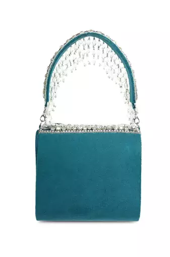 crystal cascade deep teal & silver stone embellished suede clutch