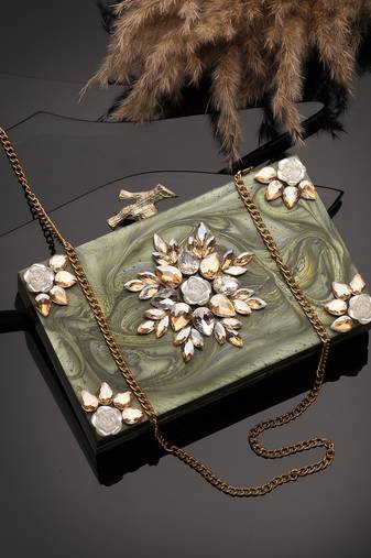 marble muse olive green, ivory & champagne gold resin clutch