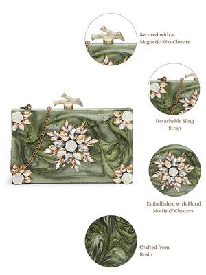 marble muse olive green, ivory & champagne gold resin clutch 4