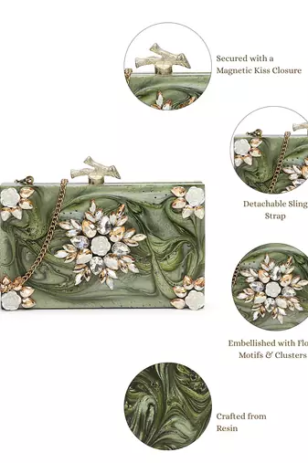 marble muse olive green, ivory & champagne gold resin clutch