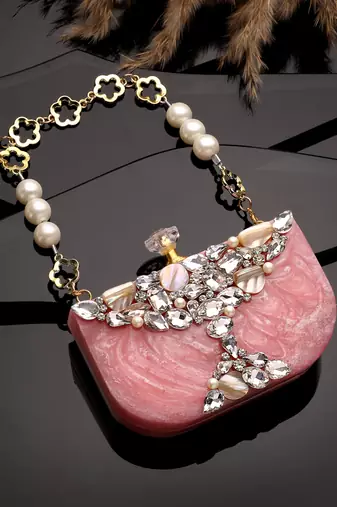 marble muse rose pink, ivory & crystal resin abstract embellished clutch