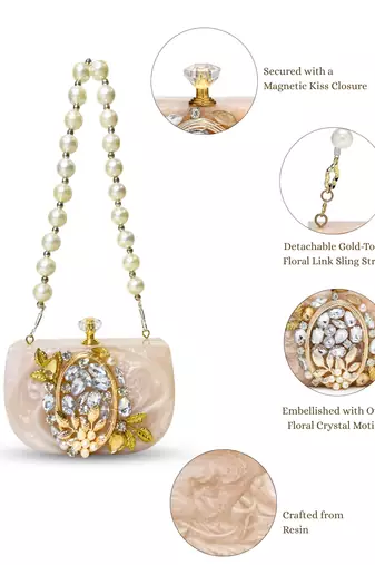 marble muse beige, ivory & gold resin embellished clutch