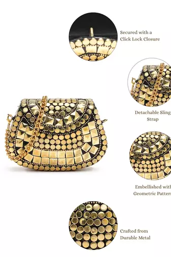 metal mirage black & metallic gold mosaic embellished clutch