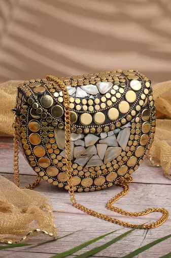 metal mirage black, metallic gold mosaic mother-of-pearl clutch