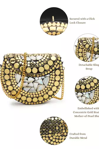 metal mirage black, metallic gold mosaic mother-of-pearl clutch