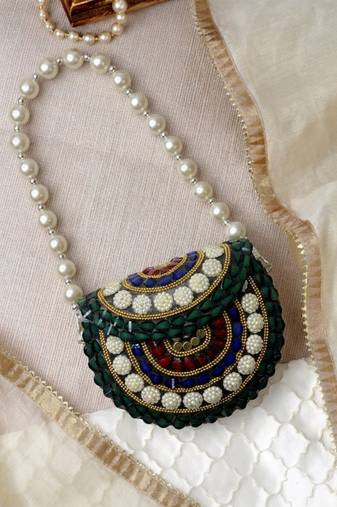 metal mirage green,motif embellished clutch
