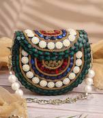 metal mirage green, ivory & multi concentric motif embellished clutch
