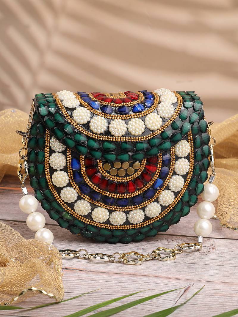 metal mirage green, ivory & multi concentric motif embellished clutch
