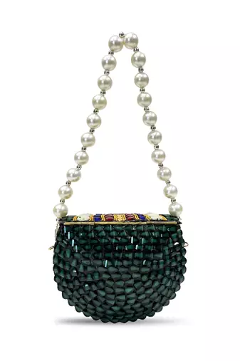 metal mirage green,motif embellished clutch