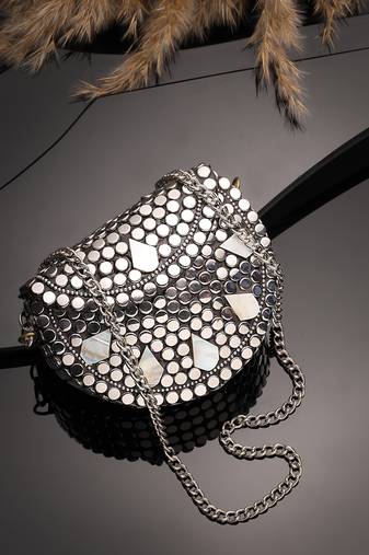 metal mirage silver & mother of pearl mosaic clutch