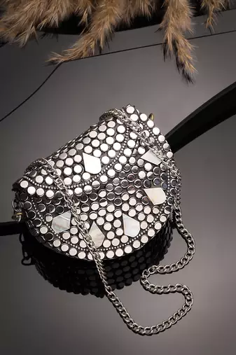 metal mirage silver & mother of pearl mosaic clutch