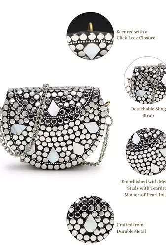 metal mirage silver & mother of pearl mosaic clutch