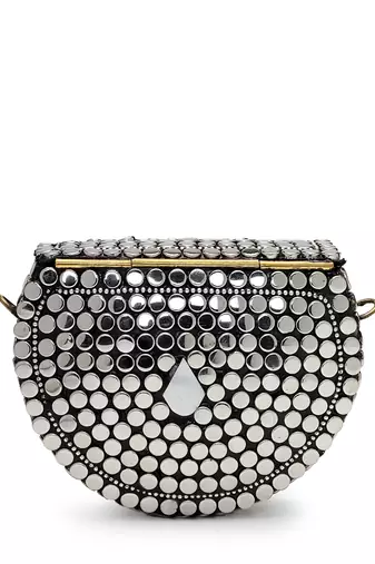 metal mirage silver & mother of pearl mosaic clutch