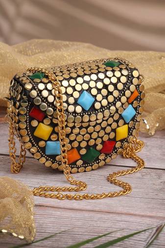 metal mirage metallic gold & multi mosaic clutch