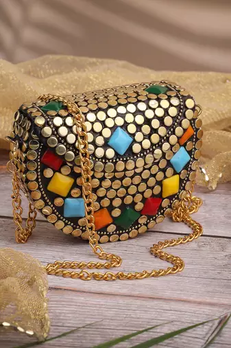 metal mirage metallic gold & multi mosaic clutch