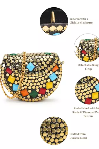 metal mirage metallic gold & multi mosaic clutch