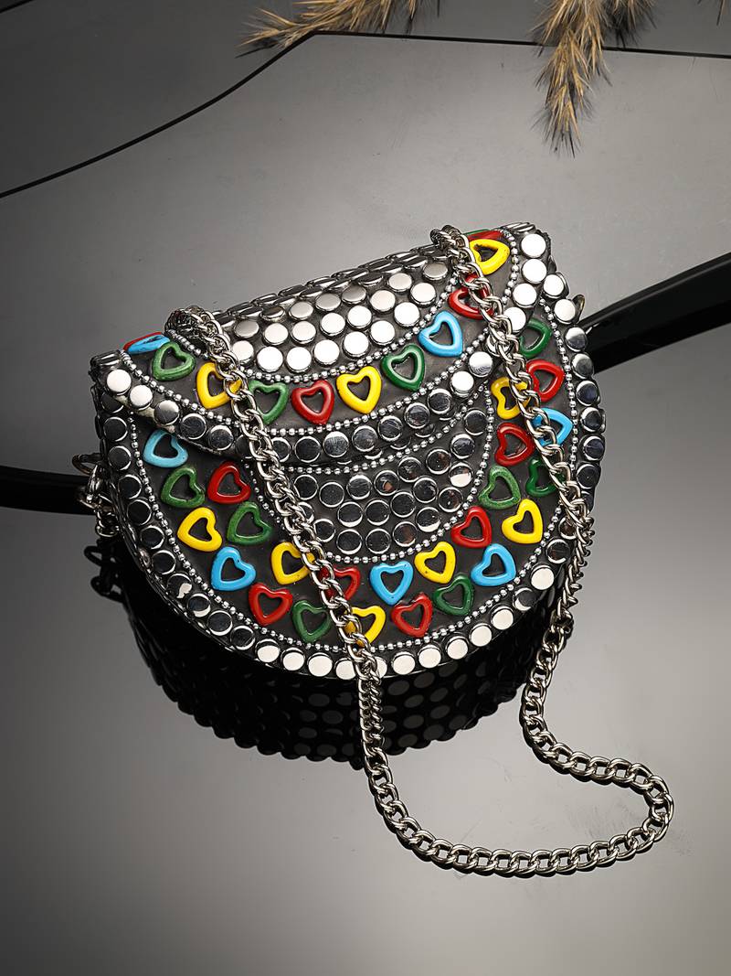 metal mirage silver & multi studs mosaic clutch