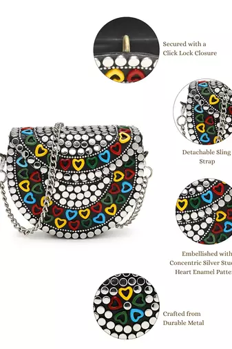metal mirage silver & multi studs mosaic clutch
