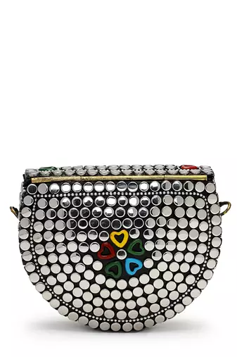 metal mirage silver & multi studs mosaic clutch