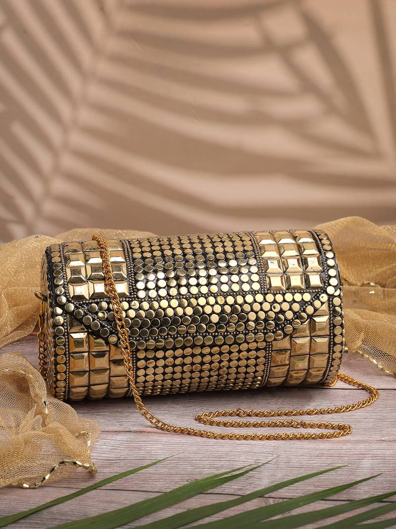 metal mirage metallic gold mosaic clutch