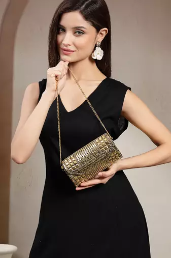 metal mirage metallic gold mosaic clutch