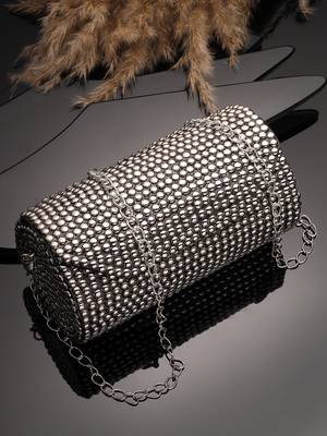 metal mirage metallic silver studded mosaic clutch 1