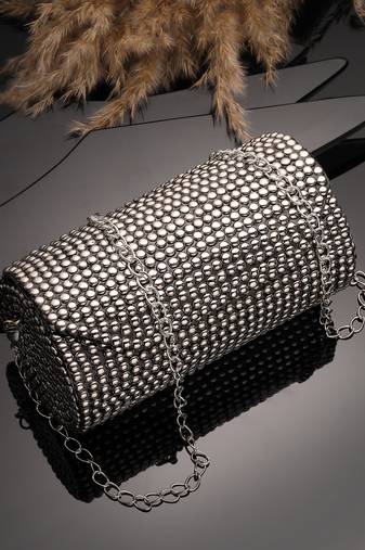 metal mirage metallic silver studded mosaic clutch