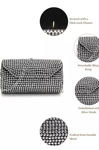 metal mirage metallic silver studded mosaic clutch