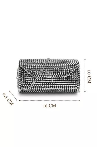 metal mirage metallic silver studded mosaic clutch