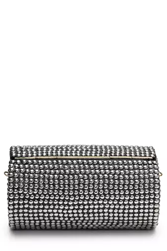 metal mirage metallic silver studded mosaic clutch