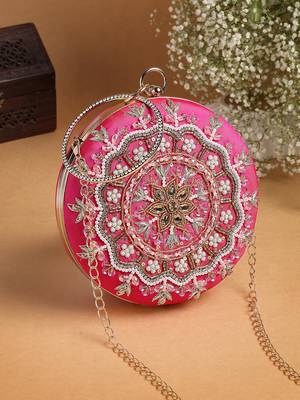 adorn fuchsia pink & multi faux silk floral mandala embellished clutch 1