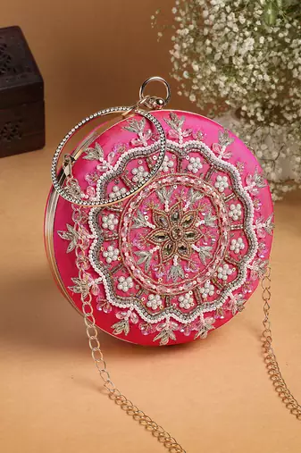 adorn fuchsia pink & multi faux silk floral mandala embellished clutch