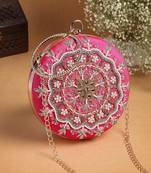 adorn fuchsia pink & multi faux silk floral mandala embellished clutch