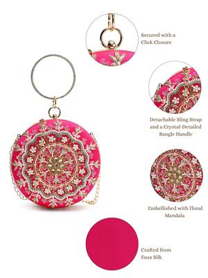 adorn fuchsia pink & multi faux silk floral mandala embellished clutch 4