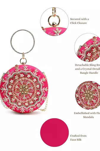 adorn fuchsia pink & multi faux silk floral mandala embellished clutch